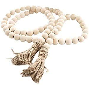 58In/pc Wood Bead Garland with Tassels Farmhouse Beads Rustic Prayer Beads Boho Beads Walling Hanging Garland for Rustic Country Decor (1 Pack)