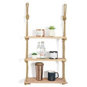 JayDee Decorative Hanging 3 Tier Natural Wood Floating Wall Shelves with Jute Rope-Home Decor Organizer for Any Room!