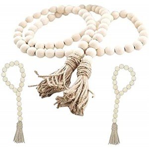 Sivya 3Pcs Farmhouse Beads Wood Bead Garland with Tassels, Rustic Farmhouse Decor for Farmhouse Tiered Tray Farmhouse Wall Decor (Natural Wood, 58in/1Pcs+10.5in/2Pcs)