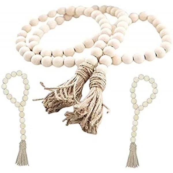 Sivya 3Pcs Farmhouse Beads Wood Bead Garland with Tassels, Rustic Farmhouse Decor for Farmhouse Tiered Tray Farmhouse Wall Decor (Natural Wood, 58in/1Pcs+10.5in/2Pcs)
