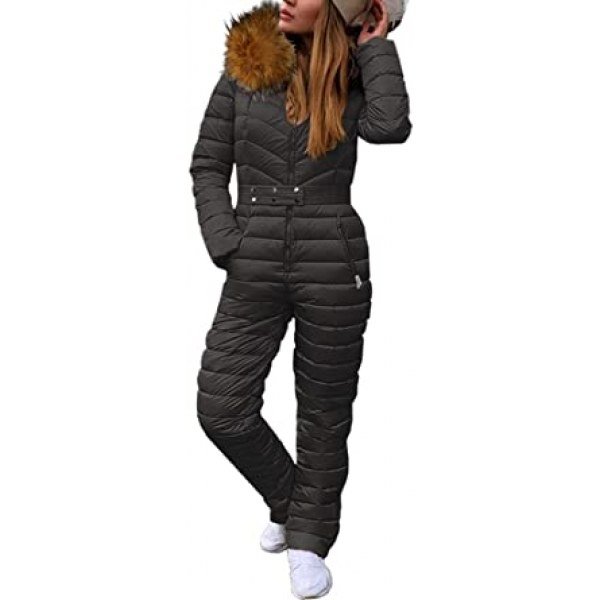 Cicy Bell Women's Onesies Ski Suits Winter Outdoor Sports Jumpsuit Fur Collar Coat Waterproof Windproof Hooded Snowsuit