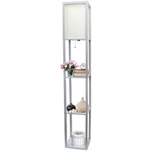 Simple Designs Home LF1014-GRY Etagere Organizer Storage Shelf Linen Shade Floor Lamp, Gray