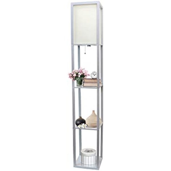 Simple Designs Home LF1014-GRY Etagere Organizer Storage Shelf Linen Shade Floor Lamp, Gray