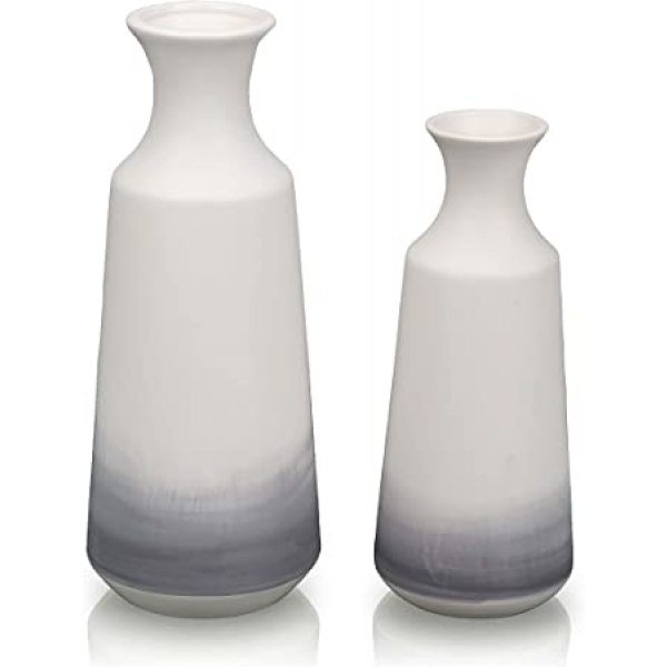 TERESA'S COLLECTIONS Modern White and Grey Ceramic Vase for Home Decor, Set of 2 Elegant Decorative Vases for Mantel, Fireplace, Living Room Decoration, H12 &9.8"