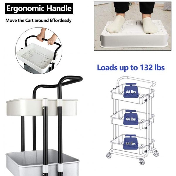 3 Tier Rolling Storage Cart Heavy Duty Mobile Rolling - Image 3