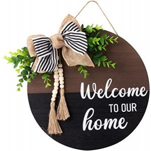 Heart Carpenter Welcome Door Sign / Rustic Home Decor For Front Door Bedroom Wood hanging Wall Pediments with Tassel with rustic wood Beaded,Burlap Bow Rustic Country Wall Decor?welcome?