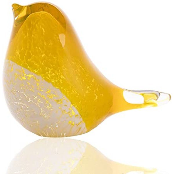 Qf Handmade Bird Blown Glass Figurine Gift for Christmas, Birthday Home Decor Yellow Paper Weight