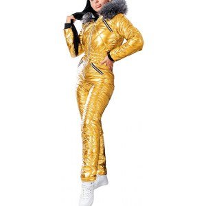GIBLY Women Winter Ski Jumpsuit Outdoor Sports Snowsuit Waterproof Fur Collar Coat Jumpsuit with Removable Hoodies