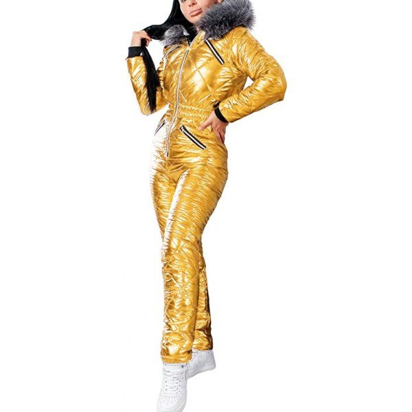 GIBLY Women Winter Ski Jumpsuit Outdoor Sports Snowsuit Waterproof Fur Collar Coat Jumpsuit with Removable Hoodies