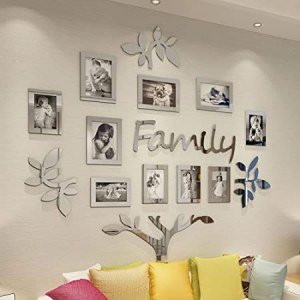 Vaabee Family Tree Wall Decor Acrylic 3D DIY Mirror Stickers Picture Frame Collage Home Decorations for Living Room Bedroom Dinning Office New House Gifts Silver Set Large 47x47 Inch