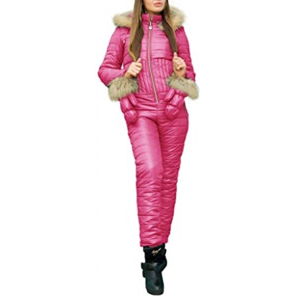 LAICIGO Women?s Winter Onesies Ski Jumpsuit Hooded Fur Collar Outdoor Sports Waterproof Jackets with Gloves Hoodies Removable