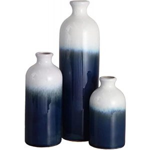 TERESA'S COLLECTIONS Ceramic Rustic Vase for Home Decor, Set of 3 Glazed Blue and White Decorative Vases for Table, Kitchen, Living Room Decoration