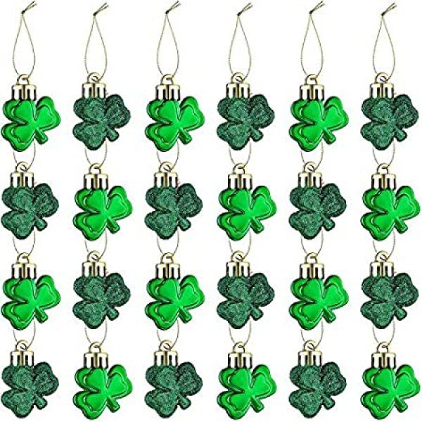Rawskro 24 PCS St. Patrick's Day Shamrocks Ornament Set Good Luck Clover Hanging Bauble Trefoil Pendant Decoration for Irish St Patricks Day Tree Baubles Table Shelf Home Decor Festival Decorations