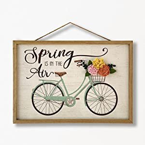 Eternhome Farmhouse Decor Spring Wall Decor Fabric Floral Bicycle Sign Wood Rustic Home Decor Indoor Outdoor Wall Plaque Hanging Art Gift 11" X 16" - Spring in The Air
