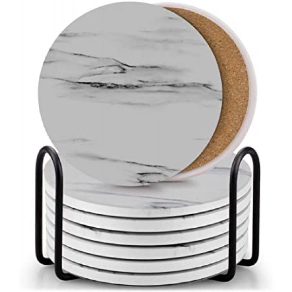 Set of 8 Coasters for Drinks ,EAGMAK Absorbent Marble Style Ceramic Drink Coaster with Holder for Coffee Wooden Table Home Decor(Grey)