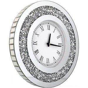 DMDFIRST Silver Round Mirror Clock Crystal Sparkle Twinkle Bling Crush Diamond Mirrored Large Wall Clock for Wall Decoration Silver Glass Mirror Home D?cor. AA Battery is not Included.