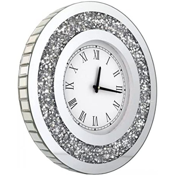 DMDFIRST Silver Round Mirror Clock Crystal Sparkle Twinkle Bling Crush Diamond Mirrored Large Wall Clock for Wall Decoration Silver Glass Mirror Home D?cor. AA Battery is not Included.