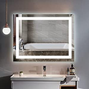HAUSCHEN HOME LED Lighted Vanity Bathroom Mirror 36 x 28 inch, Wall Mounted + Anti Fog & Dimmer Touch Switch + IP44 Waterproof + 5500K Cool White +3000K Warm + CRI>95 + Vertical&Horizontal