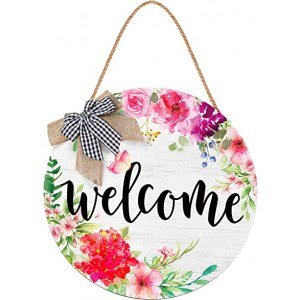 Yookeer Welcome Wreath Sign for Front Door Porch Decor Rustic Wooden Spring Hanging Sign Welcome Farmhouse Decoration Door Sign Home Outdoor Wall Decor