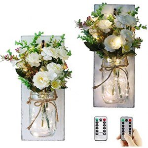 Rustic Home Decor Mason Jar Sconces, Bathroom and Living Room Decorations with Timer Remote Control Led Fairy Lights, Hanging Vintage Wood Art Goods and Flower Decor. Farmhouse kitchen wall Decor.