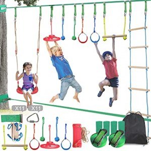 King Relax Ninja Warrior Obstacle Course for Kids,2X65FT Ninja Slackline with Swing,Ladder,Monkey Bars, Gym Rings, Rope Knots,Portable Training Equipment Outdoor Playset&Backyard Jungle Gym