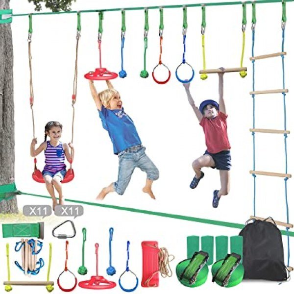 King Relax Ninja Warrior Obstacle Course for Kids,2X65FT Ninja Slackline with Swing,Ladder,Monkey Bars, Gym Rings, Rope Knots,Portable Training Equipment Outdoor Playset&Backyard Jungle Gym