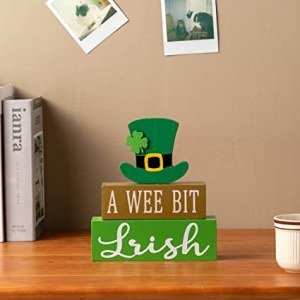 St Patricks Day Decorations Wooden Sign, DEWBIN Leprechaun Hat Shaped Tiered Tray Decor, A WEE BIT IRISH Sign Farmhouse Table Decor, St Patricks Day decorations for the home, Desk, Shelf, Home, Gallery.