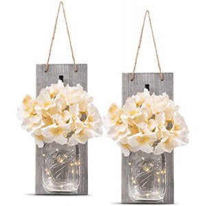 HOMKO Decorative Mason Jar Wall Decor - Rustic Wall Sconces with 6-Hour Timer LED Fairy Lights and Flowers - Farmhouse Home Decor (Set of 2)