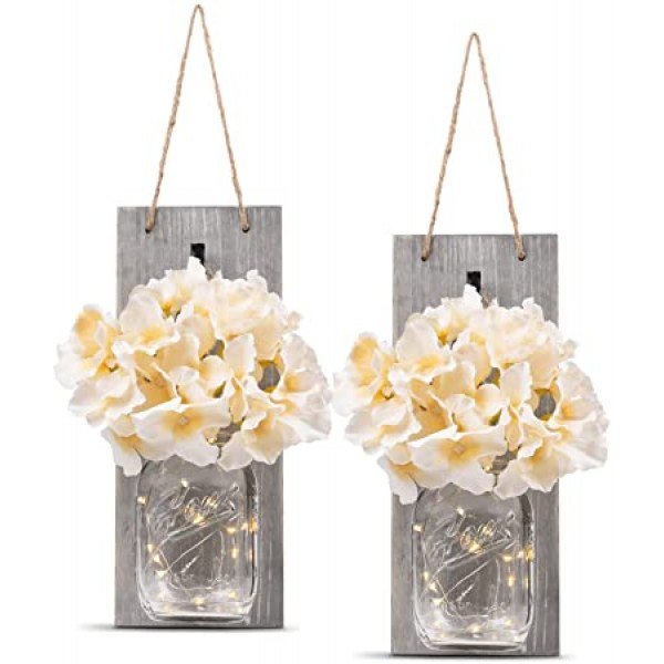 HOMKO Decorative Mason Jar Wall Decor - Rustic Wall Sconces with 6-Hour Timer LED Fairy Lights and Flowers - Farmhouse Home Decor (Set of 2)