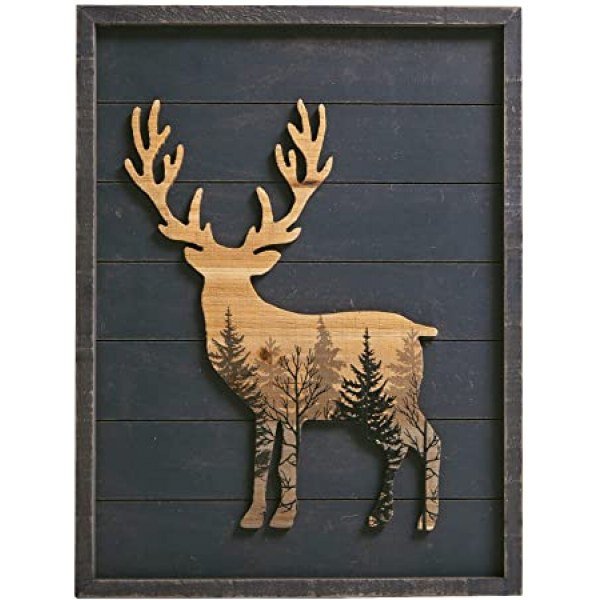 NIKKY HOME Cabin Wall Decor, 3D Deer Elk Rustic Wooden Forest Mountain Woodland Wildlife Lodge Animal Picture Art Bathroom Decor, 16 x 12 Inches