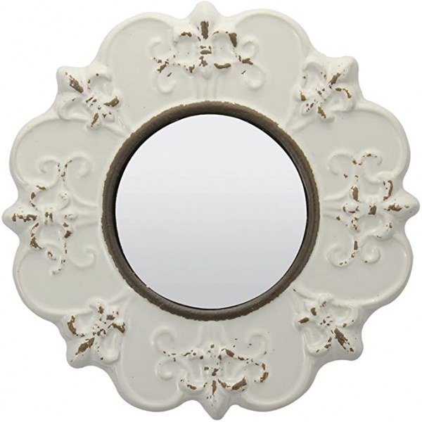 Stonebriar Decorative 8" Antique White Round Ceramic Accent Wall Mirror