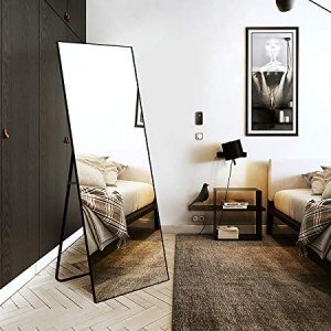 TinyTimes 65"?22" Full Length Mirror, Floor Mirror with Stand, Full Body Tall Mirror, Leaning, Freestanding or Wall-Mounted, Brushed Thin Frame, for Bedroom, Living Room, Dressing Room Decor - Black