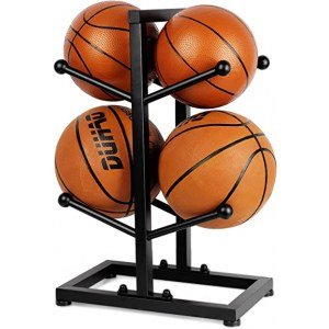 Fitlyiee 2-Layer Double-Sided Basketball Organizers Metal Ball Storage Rack Sports Storage for Indoor Outdoor