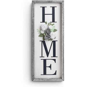 Vertical HOME Sign with Felt Flower - Besuerte Farmhouse Wood Framed Sign for Home Decor, Gallery Wall Art,Home Plaque Wall Hanging Sign 21.7x8.6, Rustic Grey