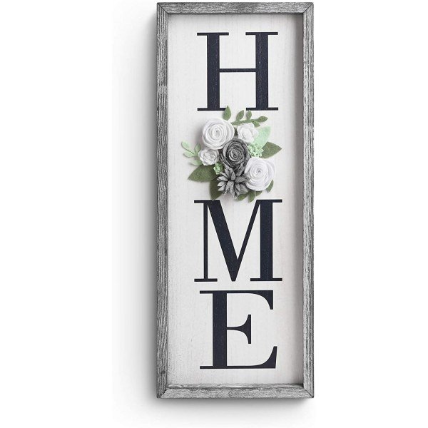 Vertical HOME Sign with Felt Flower - Besuerte Farmhouse Wood Framed Sign for Home Decor, Gallery Wall Art,Home Plaque Wall Hanging Sign 21.7x8.6, Rustic Grey