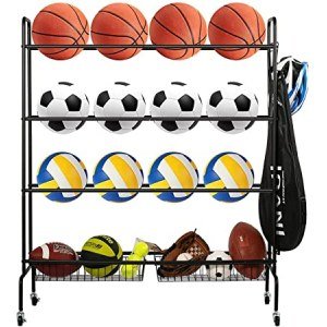 Basketball Rack, Ball rack with Caster Wheels, Rolling Sport Ball Storage, Sports Ball Rack for Garage, 3 Tier Balls Organizer with 2 Basket, Ball Holder for Basketballs Footballs Volleyball