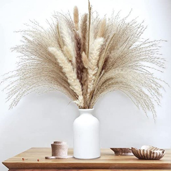 ATXGBZ Pampas Grass, 75Pcs Natural Dried Pampas Grass for Home Decor Wedding Boho Flower Arrangement, 17.5inch White Pampas & Brown Pampas Fluffy Stems Dry Pompous