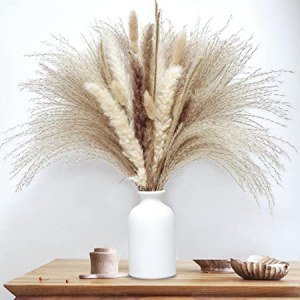 ATXGBZ Pampas Grass, 75Pcs Natural Dried Pampas Grass for Home Decor Wedding Boho Flower Arrangement, 17.5inch White Pampas & Brown Pampas Fluffy Stems Dry Pompous