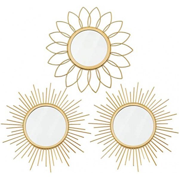 3 Pack Gold Mirrors for Wall Metal Sunburst Wall Mirrors Home D?cor Decorative Hanging Wall Art for Living Room Bedroom Entryway