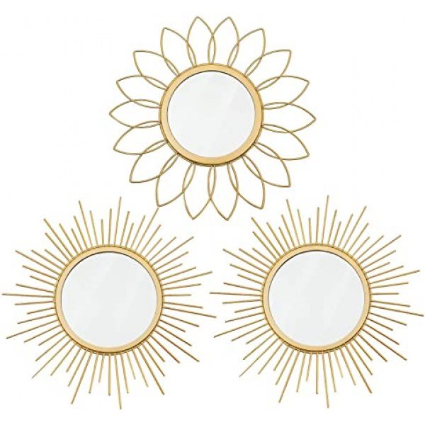 3 Pack Gold Mirrors for Wall Metal Sunburst Wall Mirrors Home D?cor Decorative Hanging Wall Art for Living Room Bedroom Entryway