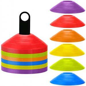 Faxco 60 Pcs Mark Disc, Soccer Cones with Holder and Net Bag for Training, Football, Sports, Field Cone Markers Outdoor Games Supplies(6 Colors)