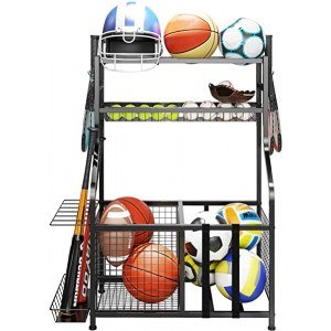 JINLLY Garage Sports Equipment Storage Organizer, Ball Storage Rack with Storage Baskets and 4 Hooks, Outdoor Sports Gear Storage for Basketballs, Footballs, Volleyballs and Kid Toys