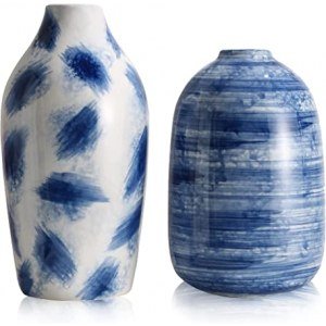 TERESA'S COLLECTIONS Oriental Blue and White Ceramic Vase Set of 2, Decorative Glazed Vases for Home Decor, Living Room, Mantel, Table Decoration, 7.2" & 8.7" Tall