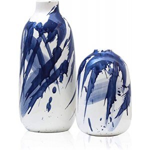 TERESA'S COLLECTIONS Oriental Blue and White Ceramic Vase Set of 2, Decorative Glazed Vases for Home Decor, Elegant Vase for Mantel, Table, Living Room Decoration, 7.2? & 11.4? Tall