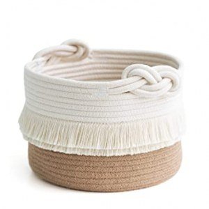 CherryNow Small Woven Storage Baskets Cotton and Jute Rope Decorative Hamper for Diaper, Blankets, Magazine and Keys, Cute Tassel Nursery Decor - Home Storage Container ? 9.5'' x 7''