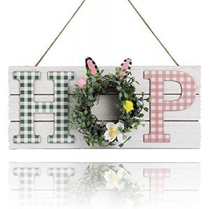Easter Wall Hanging Decoration, Hop Easter Wooden Decoration with Eucalyptus Wreath for Holiday Indoor and Outdoor Porch Wall Home Office Farmhouse Bunny Decorations Easter Gift for Family Friends