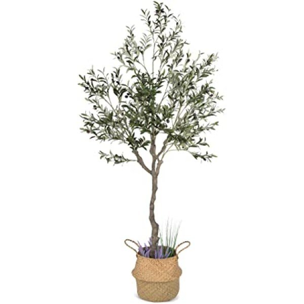 Artificial Olive Tree, 82 Inches Tall - Fake Floor Plant for Modern Home Decor - Living Room, Bedroom, Balcony - Faux Potted Trees for Indoor or Outdoor - Includes Seagrass Belly Basket