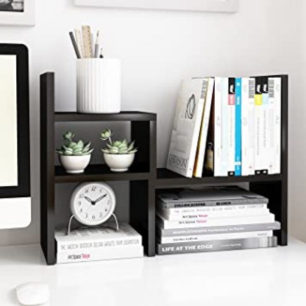 Jerry & Maggie - Desktop Organizer Office Storage Rack Adjustable Wood Display Shelf | Birthday Gifts - Toy - Home Decor | - Free Style Rotation Display - True Natural Stand Shelf Black