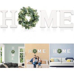 Wood Home Sign for Wall Decor Wooden Home Letters with Wreath Artificial Eucalyptus Modern Decorative Hanging Home Letters Decor Farmhouse Home Sign for Living Room Kitchen Christmas Housewarming Gift