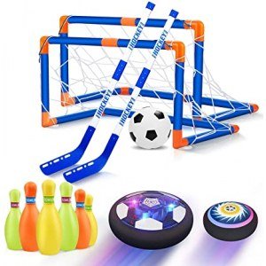 Hover Soccer Ball Set, 3-in-1 Hover Hockey Bowling Set for Kids, Rechargeable Air Soccer Ball w/ Led Lights for Outdoor Toys for Kids Ages 3 4 5 6 7 8-12